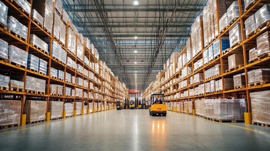 A forklift moving down a warehouse aisle between tall pallet racks
