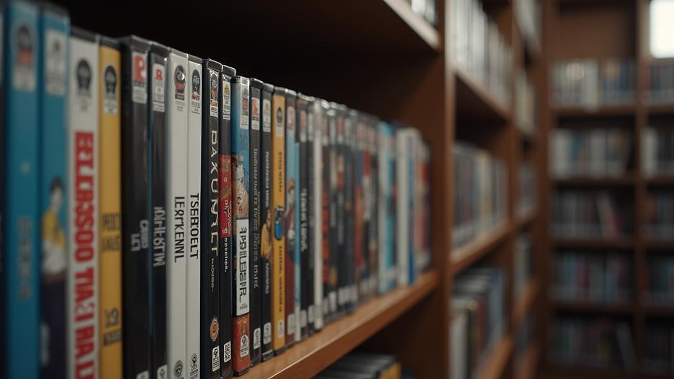 DVD cases standing in a row on wooden shelves