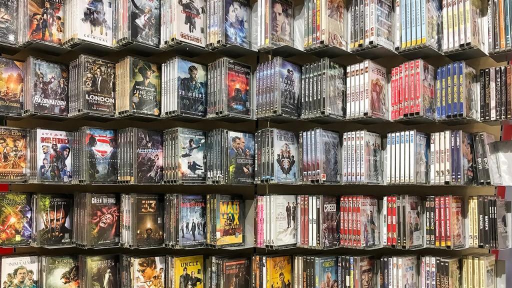 Shelves filled with DVD and movie cases