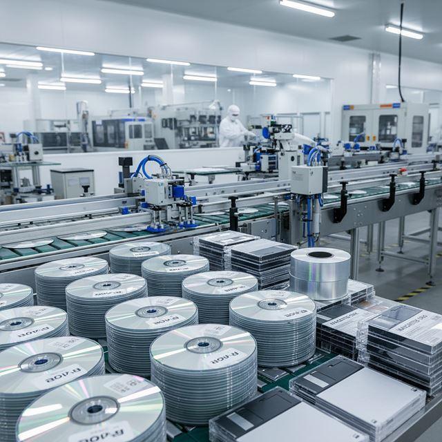 Blank discs stacked beside packaging on an industrial production line