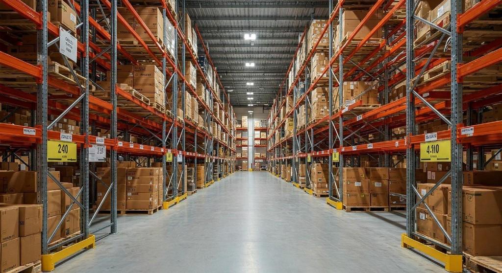 Warehouse aisle with tall shelves of boxed inventory