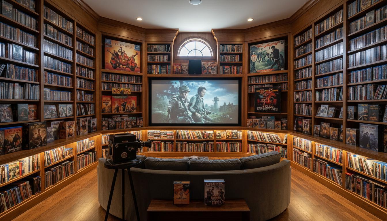 Home theater with a curated DVD collection