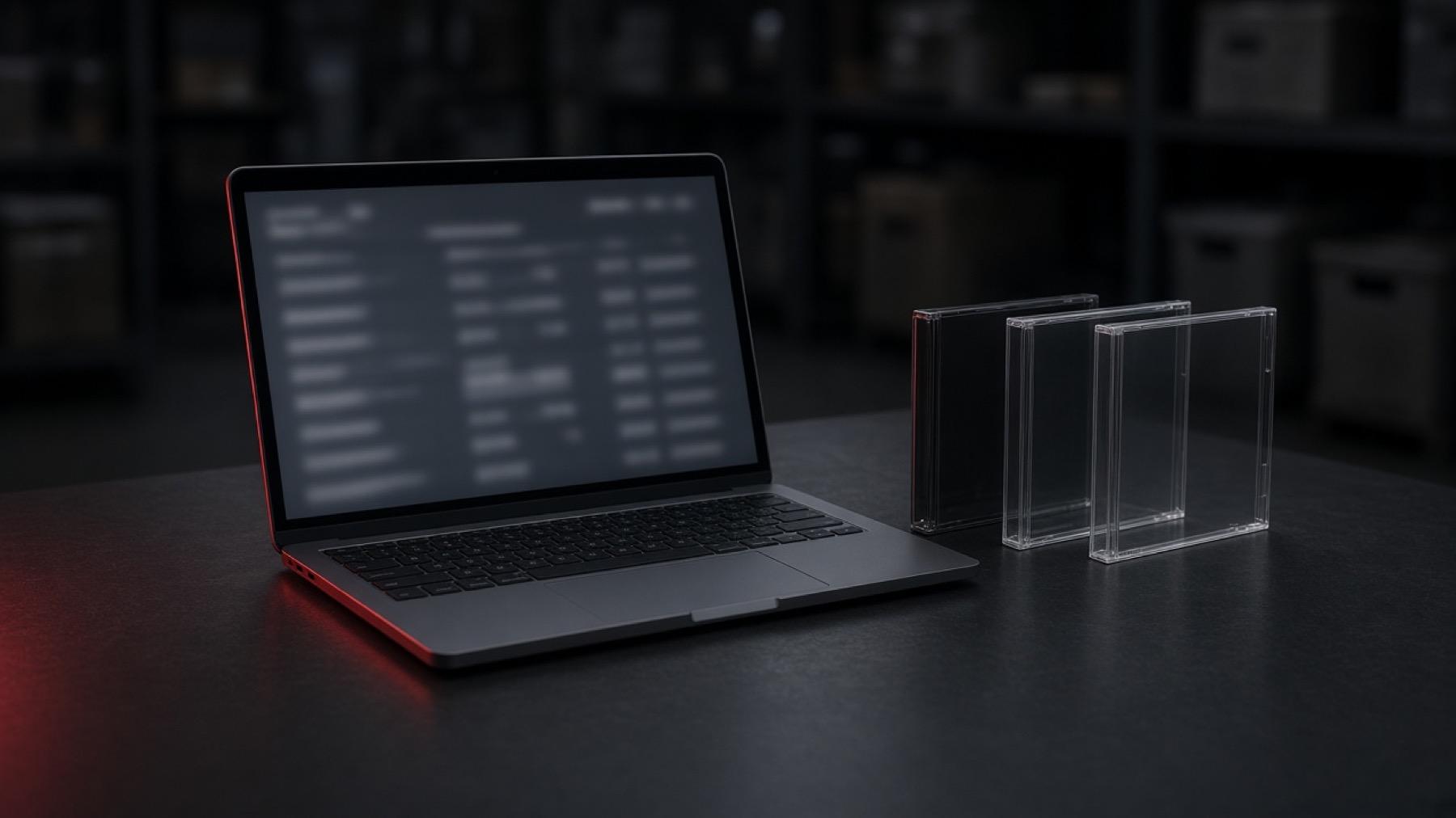 Open laptop on a dark desk displaying a product catalog, with blank DVD cases beside it