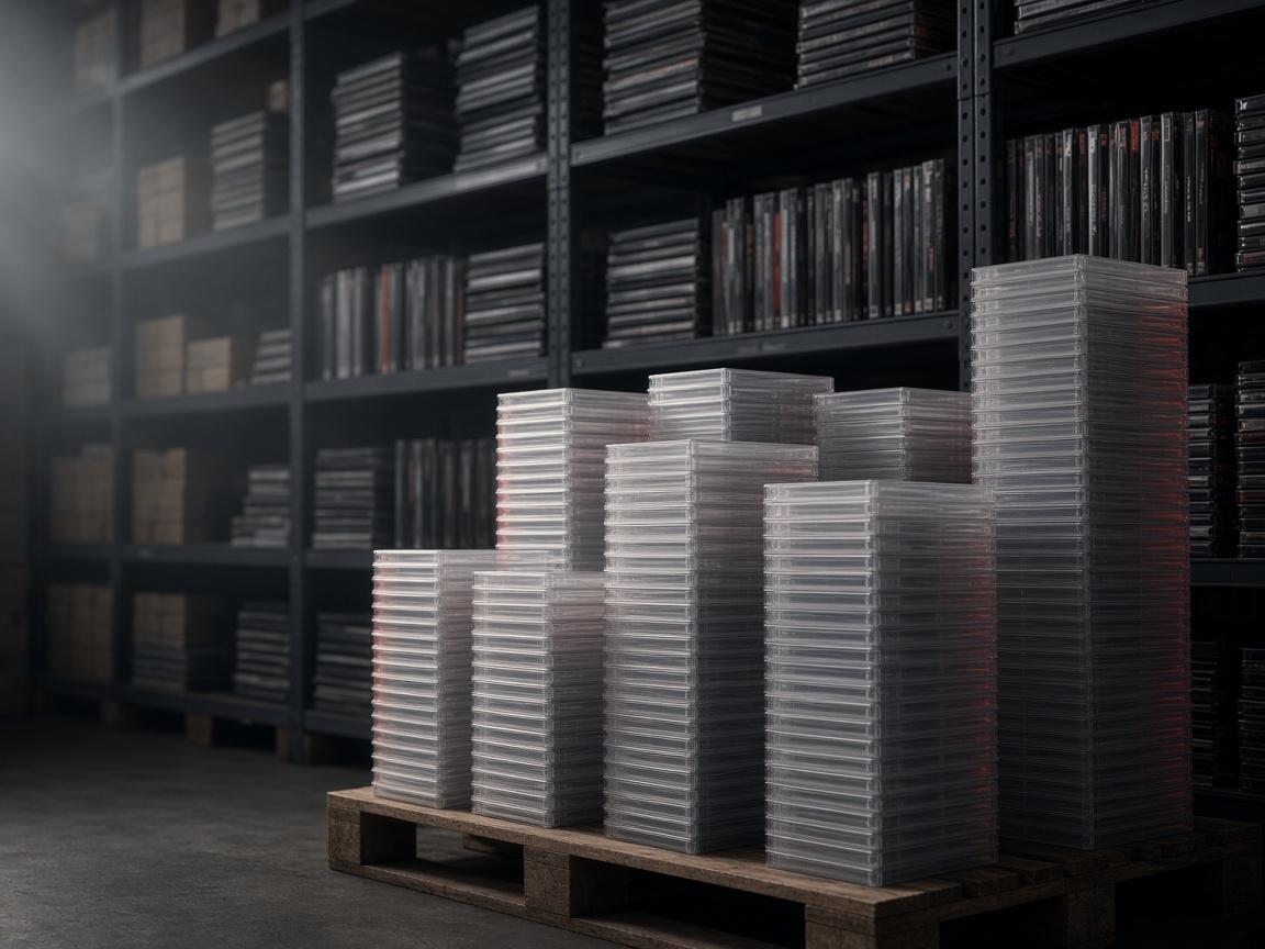 Stacks of DVD cases and organized wholesale DVD inventory on warehouse shelves
